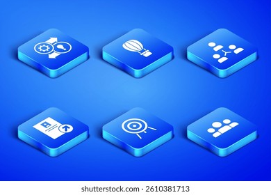 Set Users group, Human resources, Target, Job promotion, Hot air balloon and Project team base icon. Vector