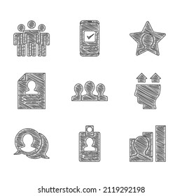 Set Users group, Identification badge, Productive human, of, Speech bubble chat, Resume, Head hunting and  icon. Vector