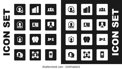 Establecer el grupo Usuarios, Laptop con currículum, Crear pantalla de cuenta, Persona de ubicación, Productive Human, Base de equipo de Project e icono de protección. Vector