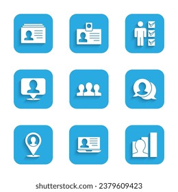 Set Users group, Laptop with resume, Productive human, Speech bubble chat, Location person, of in business suit and Resume icon. Vector