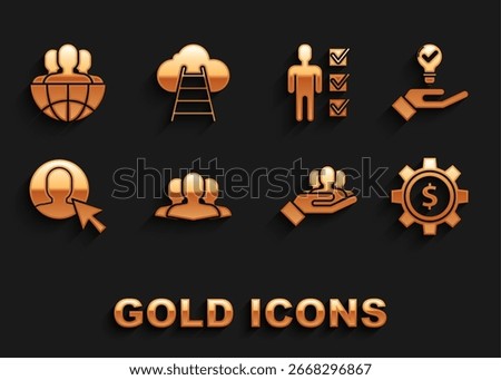 Set Users group, Light bulb in hand, Gear with dollar symbol, Project team base, of man business suit, Globe people and Ladder leading to cloud icon. Vector