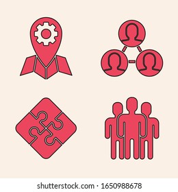 Setzen Sie die Gruppe Benutzer, den Aufstellungsauftrag, die Teambasis des Projekts und das Symbol für Puzzle ein. Vektorillustration