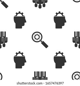 Set Users group, Magnifying glass and gear and Human with gear inside on seamless pattern. Vector