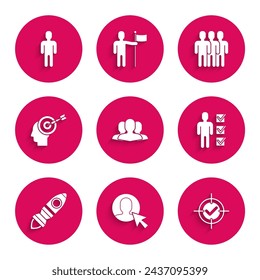 Set Users group, of man in business suit, Target and check mark, Rocket ship with fire, Head hunting concept,  and  icon. Vector