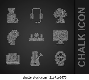 Set Users group, Metronome with pendulum, Finding a problem, Psychologist online, Addiction to the drug,  and Sedative pills icon. Vector