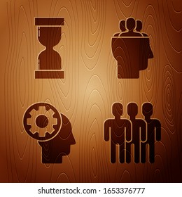 Set Users group, Old hourglass with flowing sand, Human head with gear inside and Project team base on wooden background. Vector