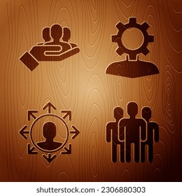 Establecer el grupo Usuarios, la base del equipo del Proyecto, la base del equipo del Proyecto y el humano con el equipo en el interior sobre fondo de madera. Vector