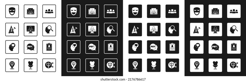 Set Users group, Psychologist online, Metronome with pendulum, Comedy theatrical mask, Finding problem, Medical clipboard and Broken heart or divorce icon. Vector