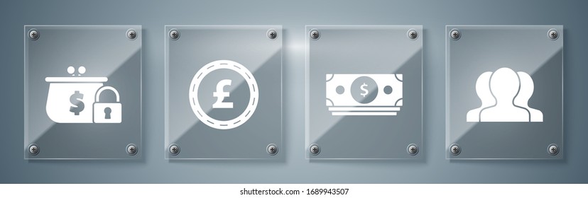 Conjunto de usuarios, pilas de papel dinero en efectivo, moneda con símbolo de libra esterlina y cartera cerrada con candado. Paneles de vidrio cuadrado. Vector