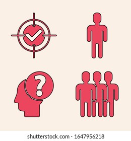 Establecer grupo de usuarios, marca de destino y marca de verificación, Usuario de hombre en traje de negocio y Cabeza humana con icono de signo de interrogación. Vector