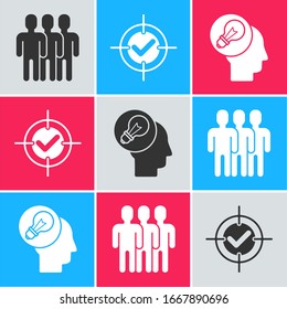 Set Users group, Target and check mark and Human head with lamp bulb icon. Vector