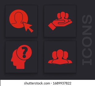 Set Users group, User of man in business suit, Project team base and Human head with question mark icon. Vector