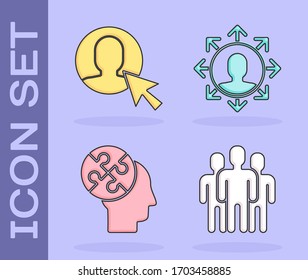 Set Users group, User of man in business suit, Human head puzzles strategy and Project team base icon. Vector