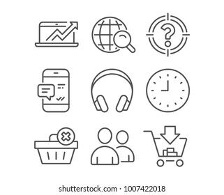 Set Of Users, Headhunter And Internet Search Icons. Delete Order, Clock And Sales Diagram Signs. Smartphone Notification, Headphones And Shopping Symbols. Couple Of People. Aim With Question Mark