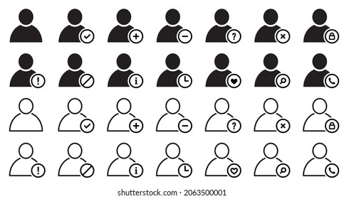 Set of users icons with many different actions. People silhouettes collection. Plus, minus, delete, error, search, block. One person symbols, status check. Vector illustration.