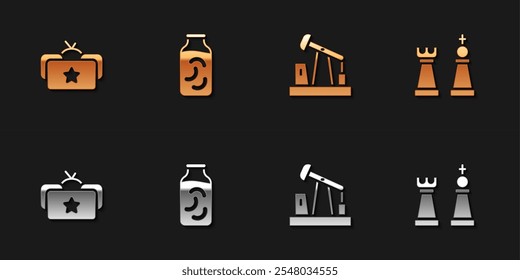 Set Ushanka, Pickled cucumbers in jar, Oil pump or pump jack and Chess icon. Vector