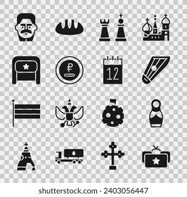 Set Ushanka, Russian doll matryoshka, Kankles, Chess, Rouble, ruble currency, Joseph Stalin and Calendar 12 june icon. Vector