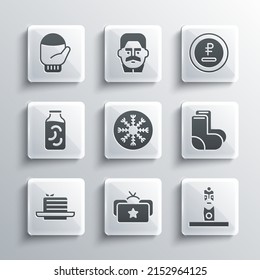 Set Ushanka, Slavic pagan idol, Valenki, Snowflake, Medovik, Pickled cucumbers in jar, Christmas mitten and Rouble, ruble currency icon. Vector