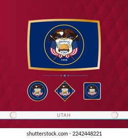 Set of Utah flags with gold frame for use at sporting events on a burgundy abstract background. Vector collection of flags.