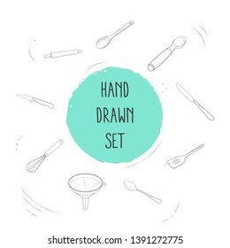 Set of utensil icons line style symbols with rolling pin, dinner spoon, turner and other icons for your web mobile app logo design.