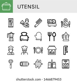 Set of utensil icons such as Pot, Cutlery, Waiter, Comb, Slicer, Restaurant, Moka pot, Toaster, Oven mitt, Electric kettle, Cooker, Cook, Bottle opener, Boiled, Dough , utensil