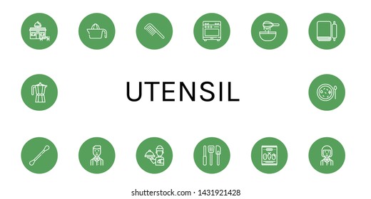 Set of utensil icons such as Restaurant, Juicer, Comb, Stove, Dough, Cotton swabs, Waiter, Kitchen tools, Mix, Moka pot, Soup , utensil