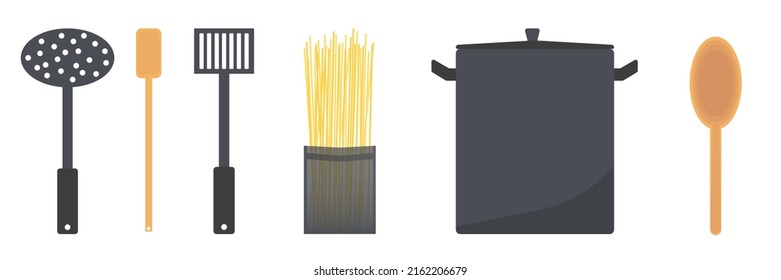Set utensil and tools for cooking spaghetti vector flat cartoon illustration