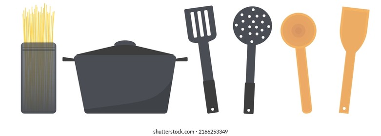 Set utensil and tools for cooking spaghetti vector flat cartoon illustration