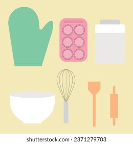 set of utensils, bakery utensils, baking tools, whisks, bowl, spatula, rolling pin and oven gloves, kitchenware