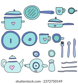 Set of utensils in doodle style, side and top view of kitchen utensils in delicate shades vector illustration