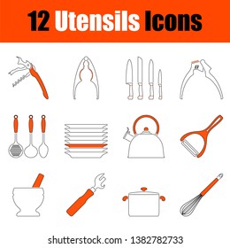 Set of Utensils Icons. Thin Line With Orange Design. Vector Illustration.