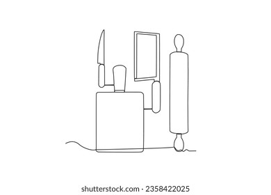 A set of utensils in the kitchen. Cooking and kitchen tools one-line drawing