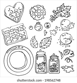 Set of utensils vector sketch black line, Belgian waffles