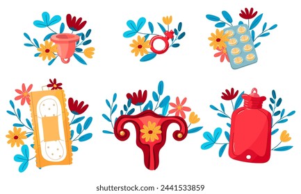 A set of uterus, pads, menstrual cup, pills with flowers. The concept of a woman's regular menstrual cycle. Menstrual period, menstruation, premenstrual syndrome, vector illustration of ovaries