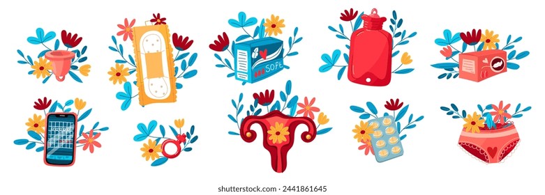 A set of uterus, pads, menstrual cup, pills, phone, panties with flowers. The concept of a woman's regular menstrual cycle. Menstrual period, menstruation, premenstrual syndrome, vector of ovaries