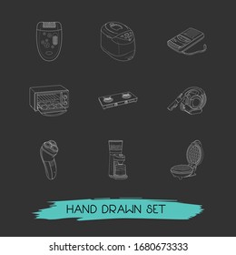 Set of utility icons line style symbols with electric bread baker, kitchenware, car vacuum cleaner and other icons for your web mobile app logo design.