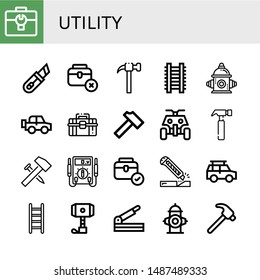 Set of utility icons such as Toolbox, Cutter, Hammer, Ladder, Fire hydrant, Off road, All terrain, Electric meter, Paper cutter , utility
