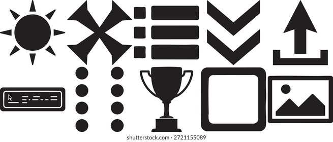 Set of utility icons for website navigation and content management. Visual symbols for weather updates closing windows sorting lists file transfers achievements and media hosting.