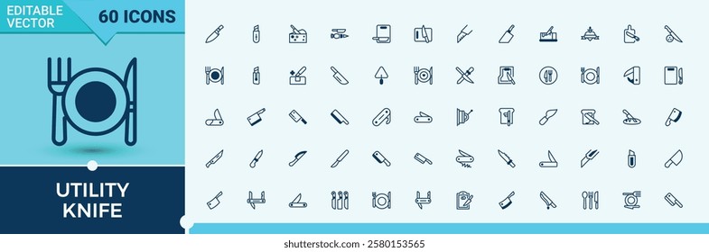 Set of Utility Knife line icons. Featuring art, equipment, meal, metal, food, cutlery and more. Pixel perfect. Solid line editable vector illustration.