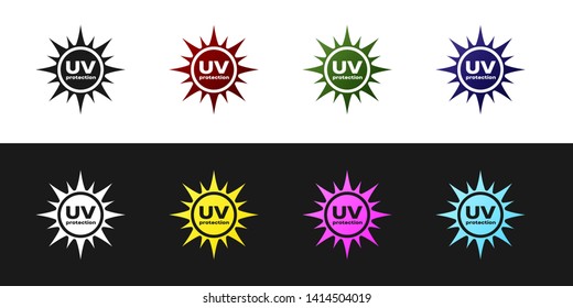 Set UV protection icon isolated on black and white background. Ultra violet rays radiation. SPF sun sign. Vector Illustration