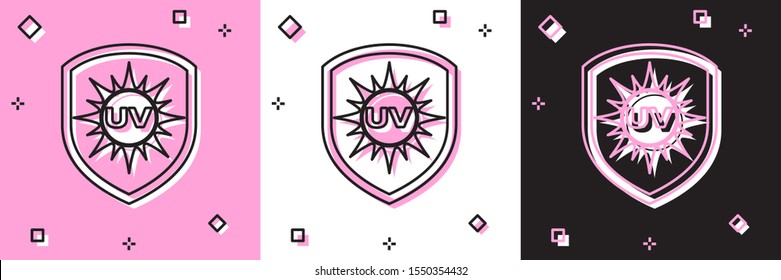Set UV protection icon isolated on pink and white, black background. Sun and shield. Ultra violet rays radiation. SPF sun sign.  Vector Illustration
