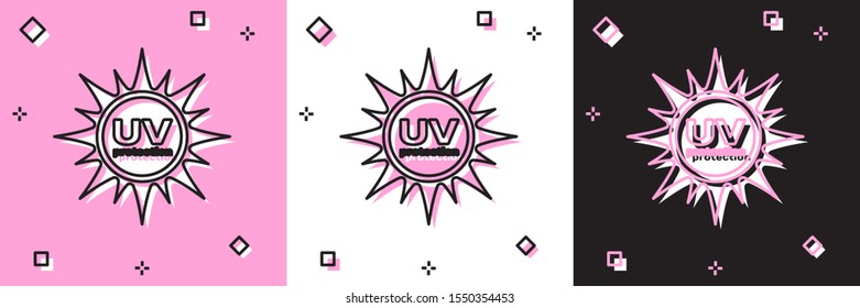 Set UV protection icon isolated on pink and white, black background. Ultra violet rays radiation. SPF sun sign.  Vector Illustration