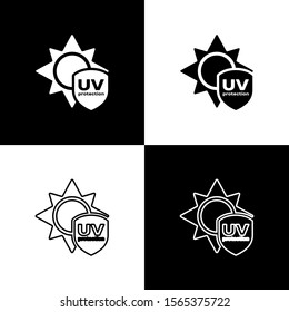 Set UV protection icon isolated on black and white background. Sun and shield. Ultra violet rays radiation. SPF sun sign.  Vector Illustration
