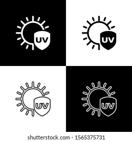 Set UV protection icon isolated on black and white background. Sun and shield. Ultra violet rays radiation. SPF sun sign.  Vector Illustration