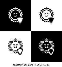 Set UV protection icon isolated on black and white background. Sun and shield. Ultra violet rays radiation. SPF sun sign.  Vector Illustration