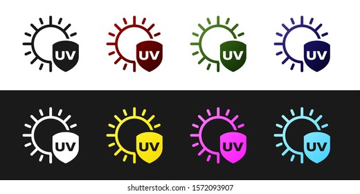 Set UV protection icon isolated on black and white background. Sun and shield. Ultra violet rays radiation. SPF sun sign.  Vector Illustration