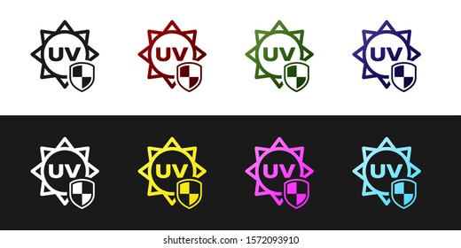 Set UV protection icon isolated on black and white background. Sun and shield. Ultra violet rays radiation. SPF sun sign.  Vector Illustration