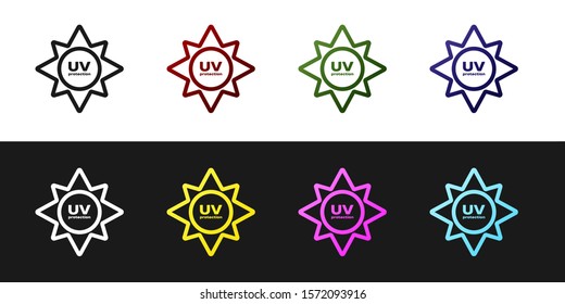 Set UV protection icon isolated on black and white background. Ultra violet rays radiation. SPF sun sign.  Vector Illustration