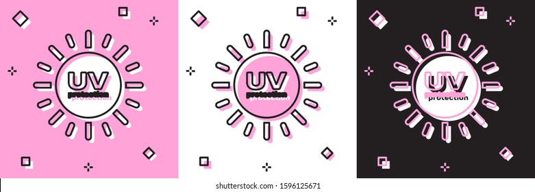 Set UV protection icon isolated on pink and white, black background. Ultra violet rays radiation. SPF sun sign.  Vector Illustration