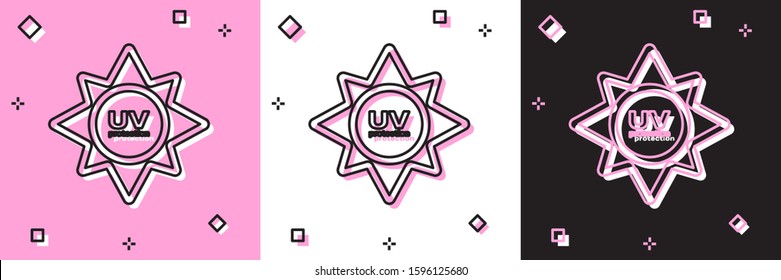 Set UV protection icon isolated on pink and white, black background. Ultra violet rays radiation. SPF sun sign.  Vector Illustration